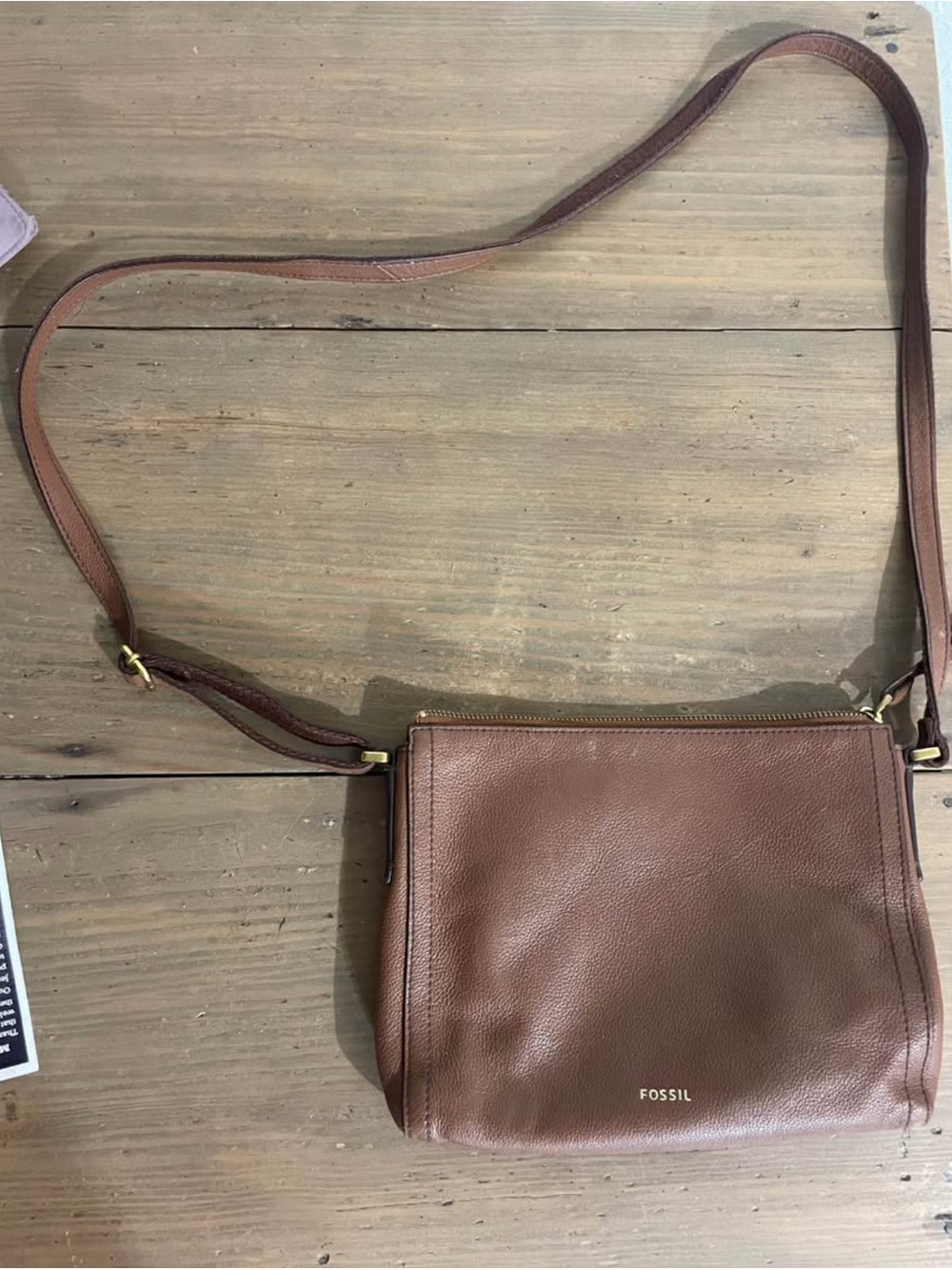 Fossil Chestnut Leather Crossbody Bag with Gold-Tone Accents
